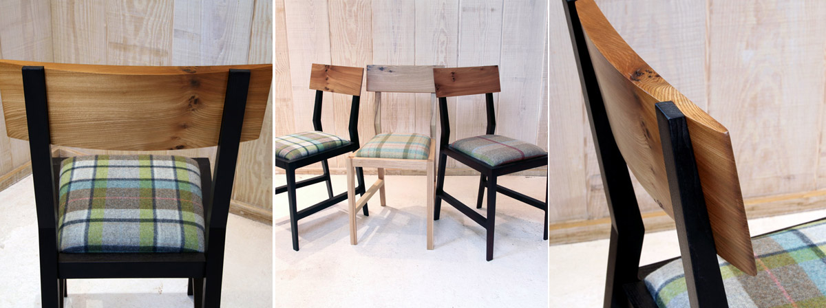 Modern style ash chair with curved elm backs and tweed upholstery.